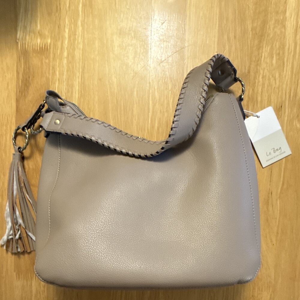 Le Bag Taupe Pebbled Hobo Shoulder Bag Zip Tassel Gunmetal HW Inner Pockets